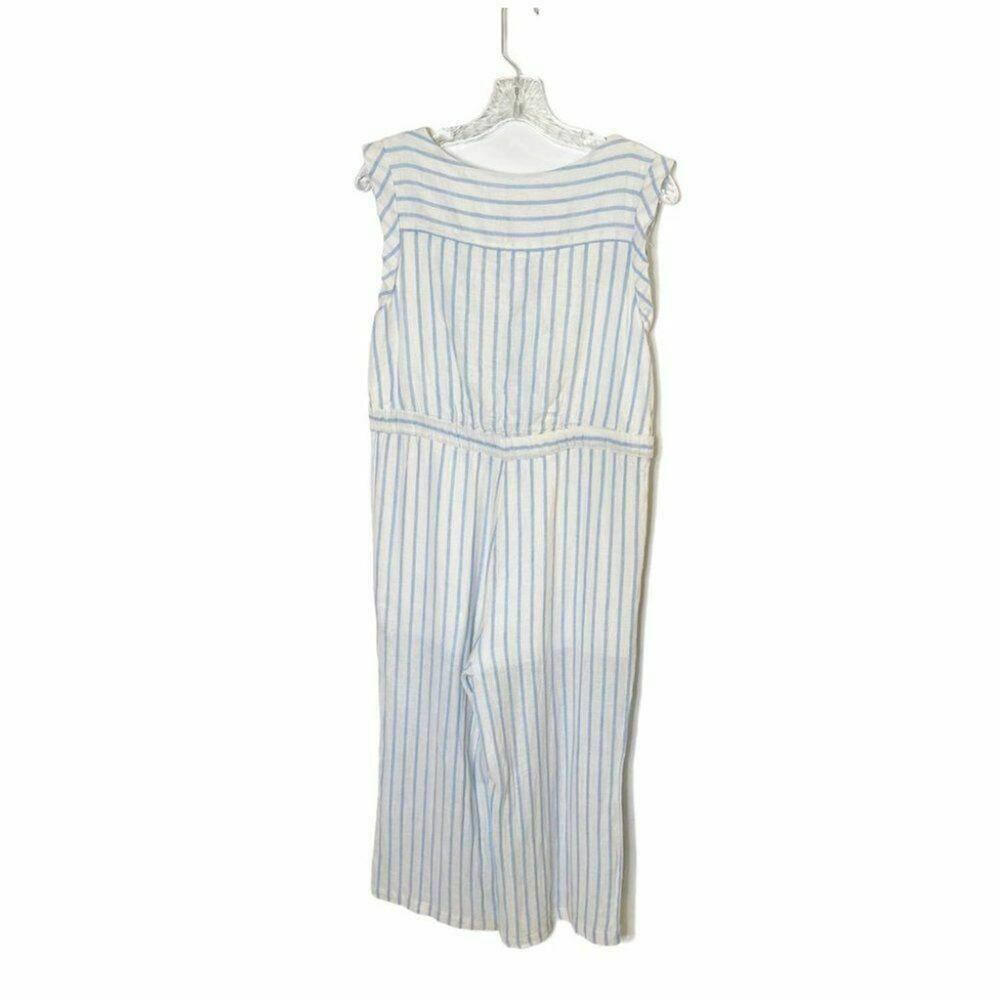 everly Tie-Front Culotte Jumpsuit in Ikat Stripe white blue sz small linen - Picture 6 of 12